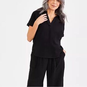 Style & Co Womens Plus Size 1X Solid Black Gauze V-Neck Collar Camp Shirt Top